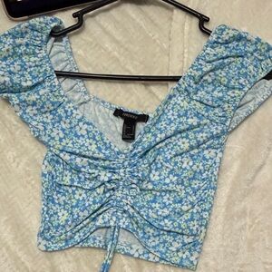 Forever 21 Light Blue Floral Drawstring Crop Top